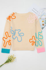 Jet Stream Contrast Flower Detail Colorblock Cuffed Loose Sweater Sweaters JT's Designer Fashion