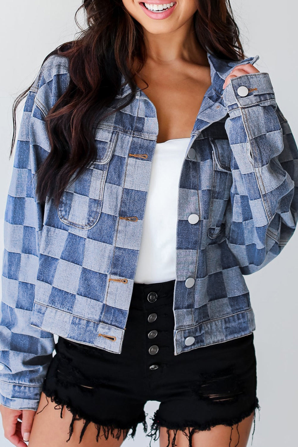 Light Blue Checkered Patchwork Button up Denim Jacket Light Blue 56%Cotton+44%Polyester Denim Jackets JT's Designer Fashion