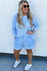 Light Blue Plus Size Textured Long Sleeve Top Drawstring Shorts Set Plus Size JT's Designer Fashion