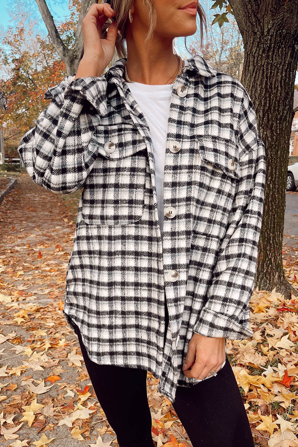 Black Plaid Print Chest Pockets Buttoned Tunic Shacket Black 100%Polyester Plaid Shackets JT's Designer Fashion