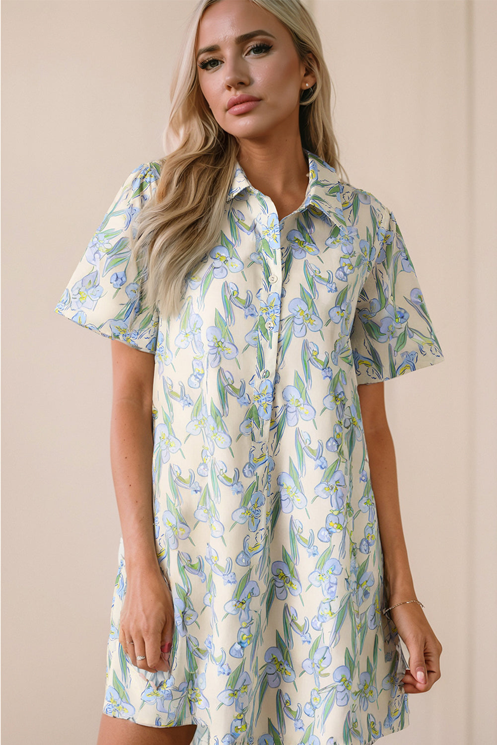 Green Floral Print Shirtcollar Buttoned Short Sleeve Shift Dress Floral Dresses JT's Designer Fashion