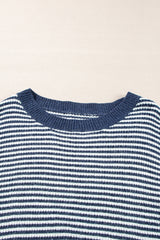 Sail Blue Striped Lantern Sleeve Drop Shoulder Cozy Sweater Sweaters JT's Designer Fashion