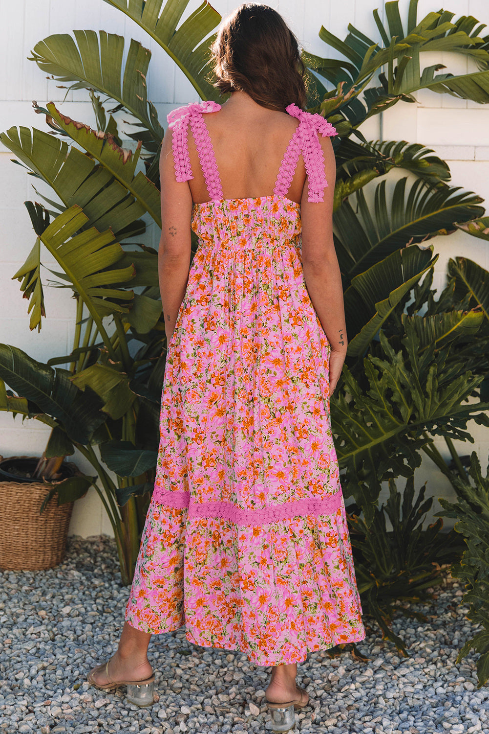 Rose Floral Lace Tied Strap Empire Waist Maxi Dress Floral Dresses JT's Designer Fashion