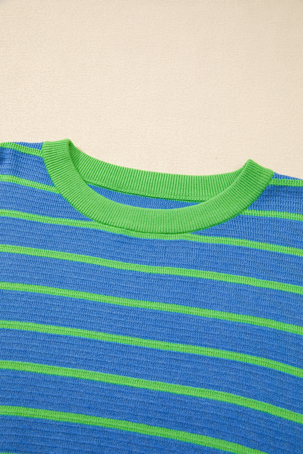 Sky Blue Stripe Trimmed Round Neck Drop Shoulder Loose Sweater Sweaters JT's Designer Fashion