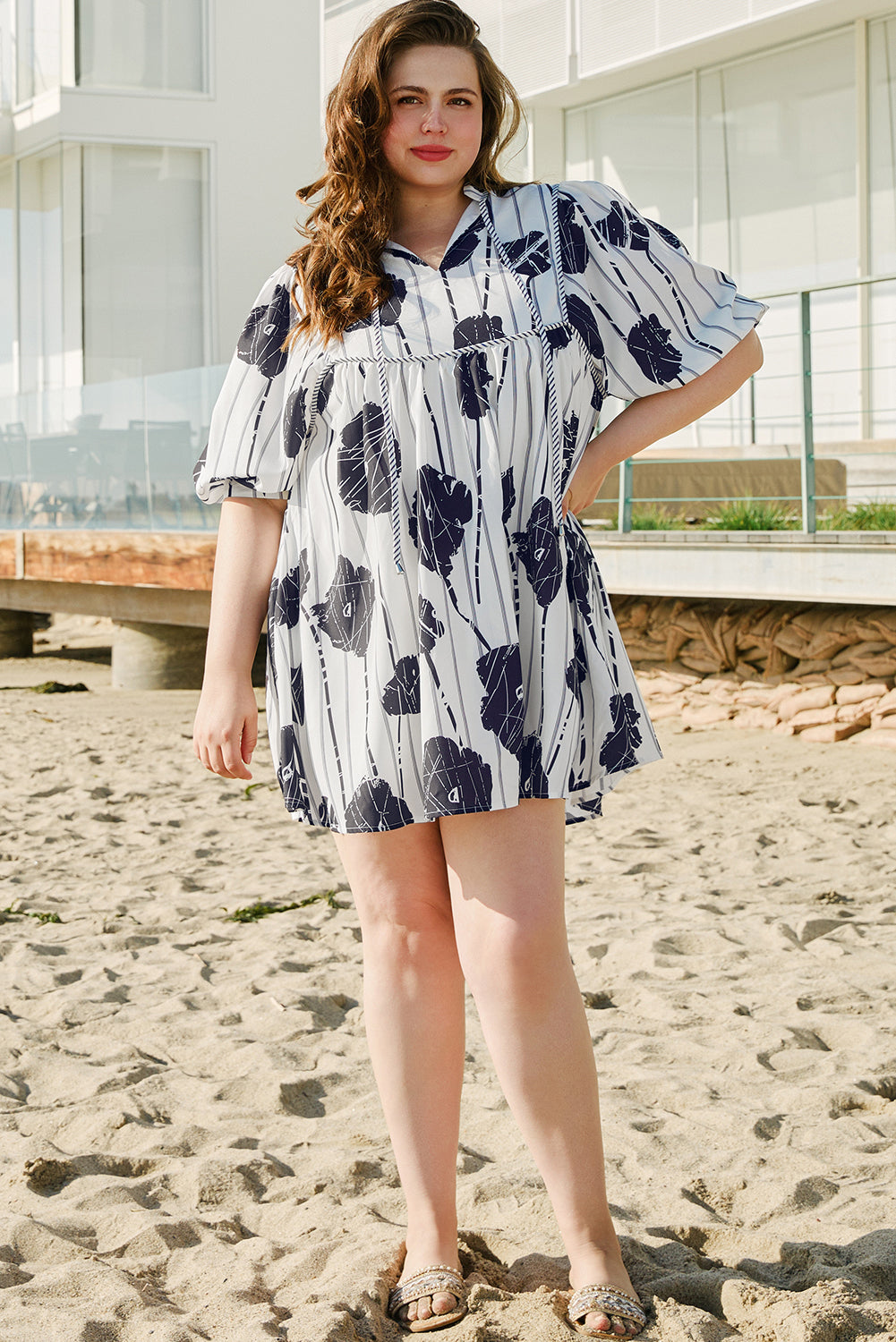 Black Plus Size Floral 3/4 Puff Sleeve Lace-up Neck Mini Dress Plus Size Mini Dresses JT's Designer Fashion