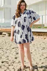 Black Plus Size Floral 3/4 Puff Sleeve Lace-up Neck Mini Dress Plus Size Mini Dresses JT's Designer Fashion