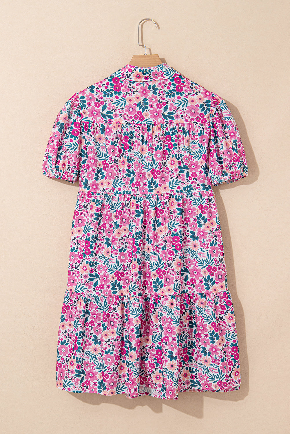 Pink Floral Collared Half Placket Short Sleeve Loose Dress Floral Dresses JT's Designer Fashion