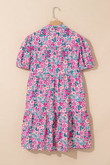 Pink Floral Collared Half Placket Short Sleeve Loose Dress Floral Dresses JT's Designer Fashion