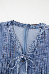 Beau Blue Tie V Neck Tucking Detail Short Sleeve Denim Shift Dress Mini Dresses JT's Designer Fashion