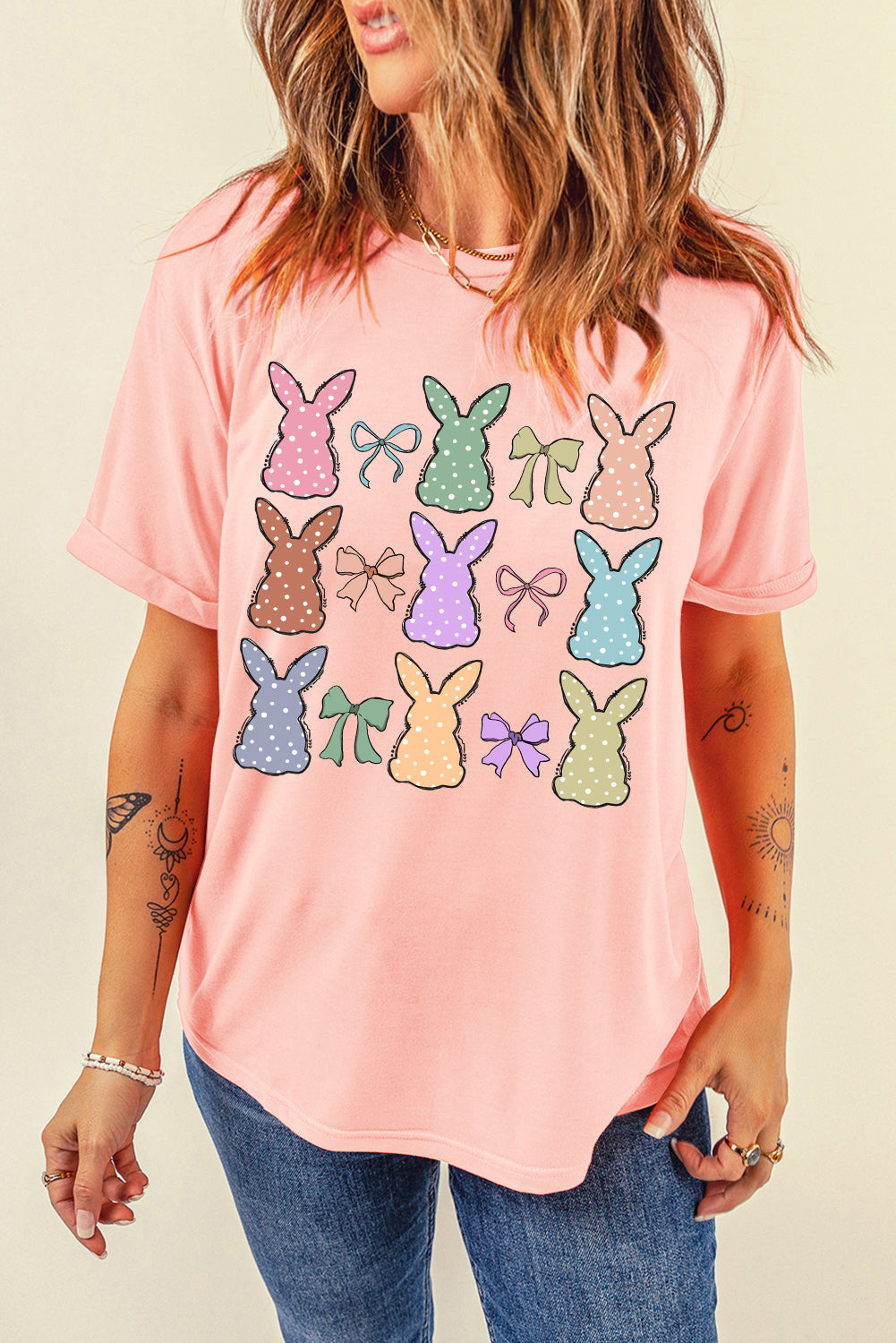 Pink Dotty Bunny Bow Printed Easter Day Fashion T Shirt Graphic Tees JT's Designer Fashion