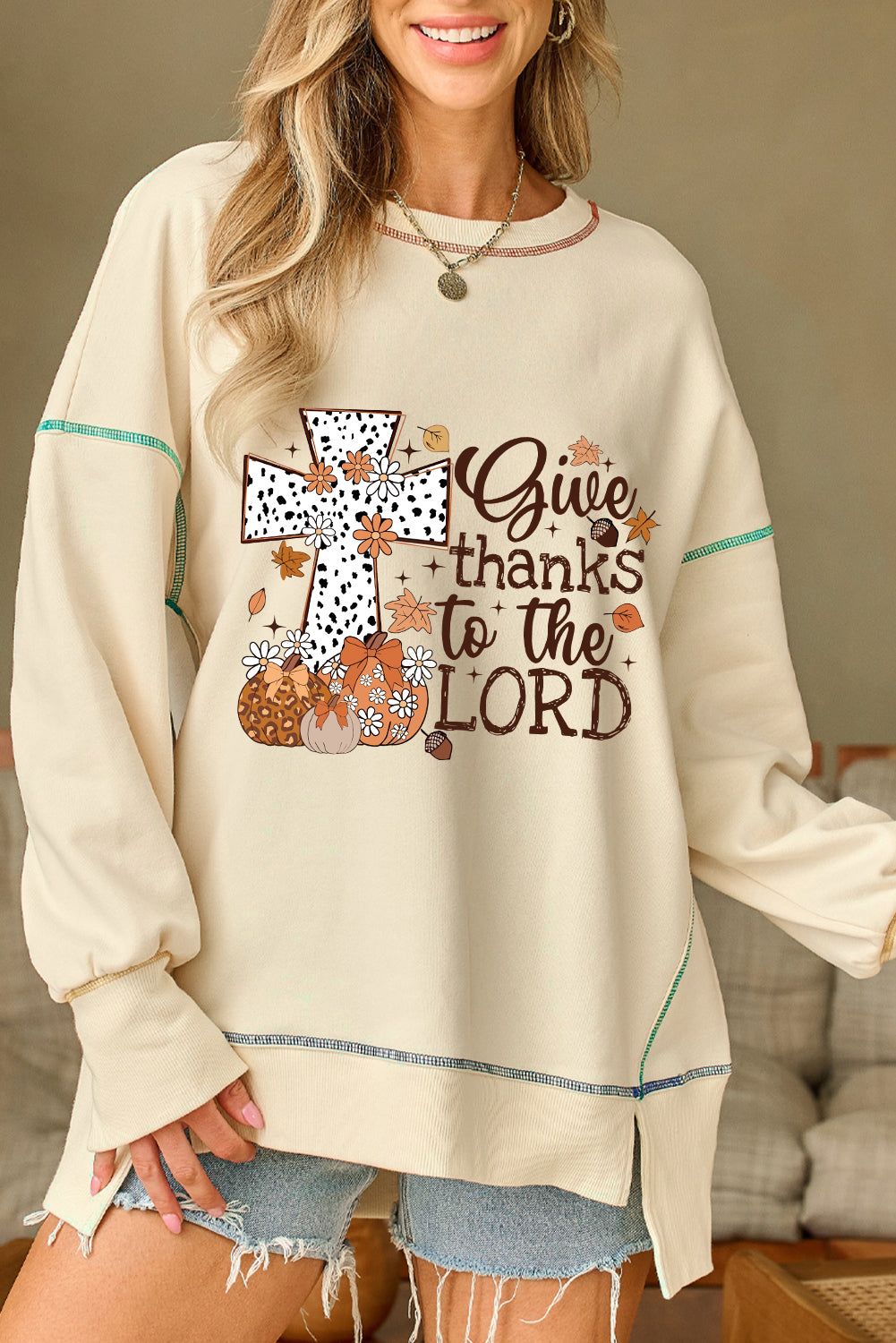 White Give Thanks to the LORD Graphic High Low Hem Loose Sweatshirt Graphic Sweatshirts JT's Designer Fashion