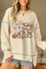 White Give Thanks to the LORD Graphic High Low Hem Loose Sweatshirt Graphic Sweatshirts JT's Designer Fashion