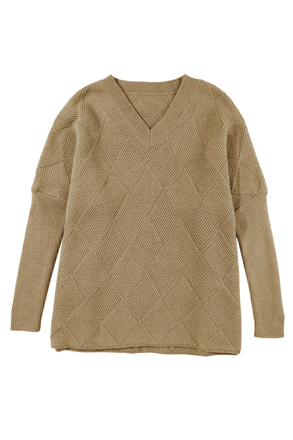 Camel Checkered Textured Batwing Sleeve Sweater Sweaters & Cardigans JT's Designer Fashion