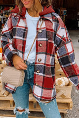 Fiery Red Hooded Plaid Button Front Shacket Red 100%Polyester Plaid Shackets JT's Designer Fashion