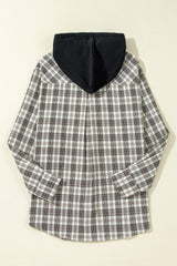 Black Checkered Print Loose Fit Buttoned Hooded Shacket Plaid Shackets JT's Designer Fashion