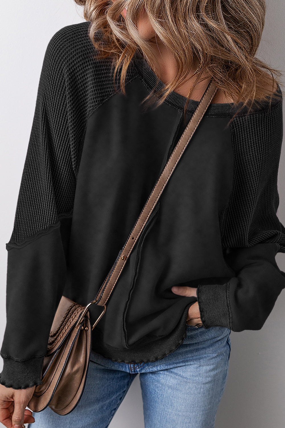 Black Solid Waffle Knit Patchwork Raglan Sleeve Sweatshirt Sweatshirts & Hoodies JT's Designer Fashion