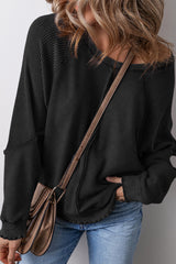 Black Solid Waffle Knit Patchwork Raglan Sleeve Sweatshirt Sweatshirts & Hoodies JT's Designer Fashion