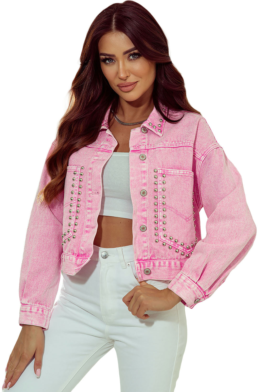 Pink Rivet Studded Pocketed Denim Jacket Denim Jackets JT's Designer Fashion