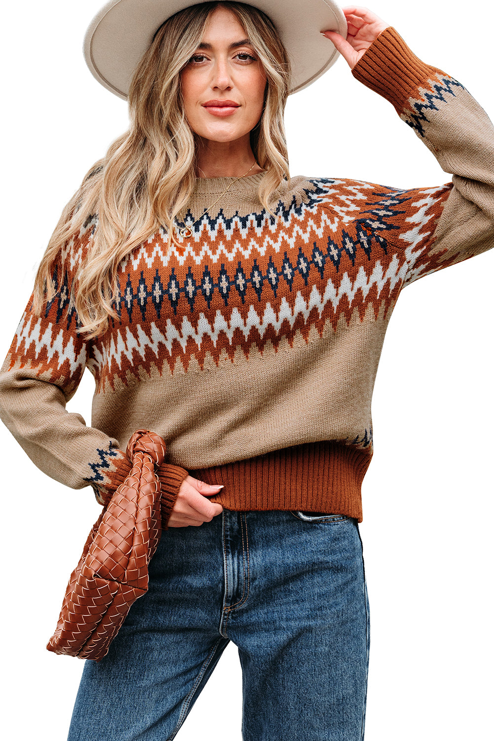 Khaki Aztec Print Colorblock Crew Neck Sweater Sweaters JT's Designer Fashion