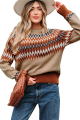 Khaki Aztec Print Colorblock Crew Neck Sweater Sweaters JT's Designer Fashion