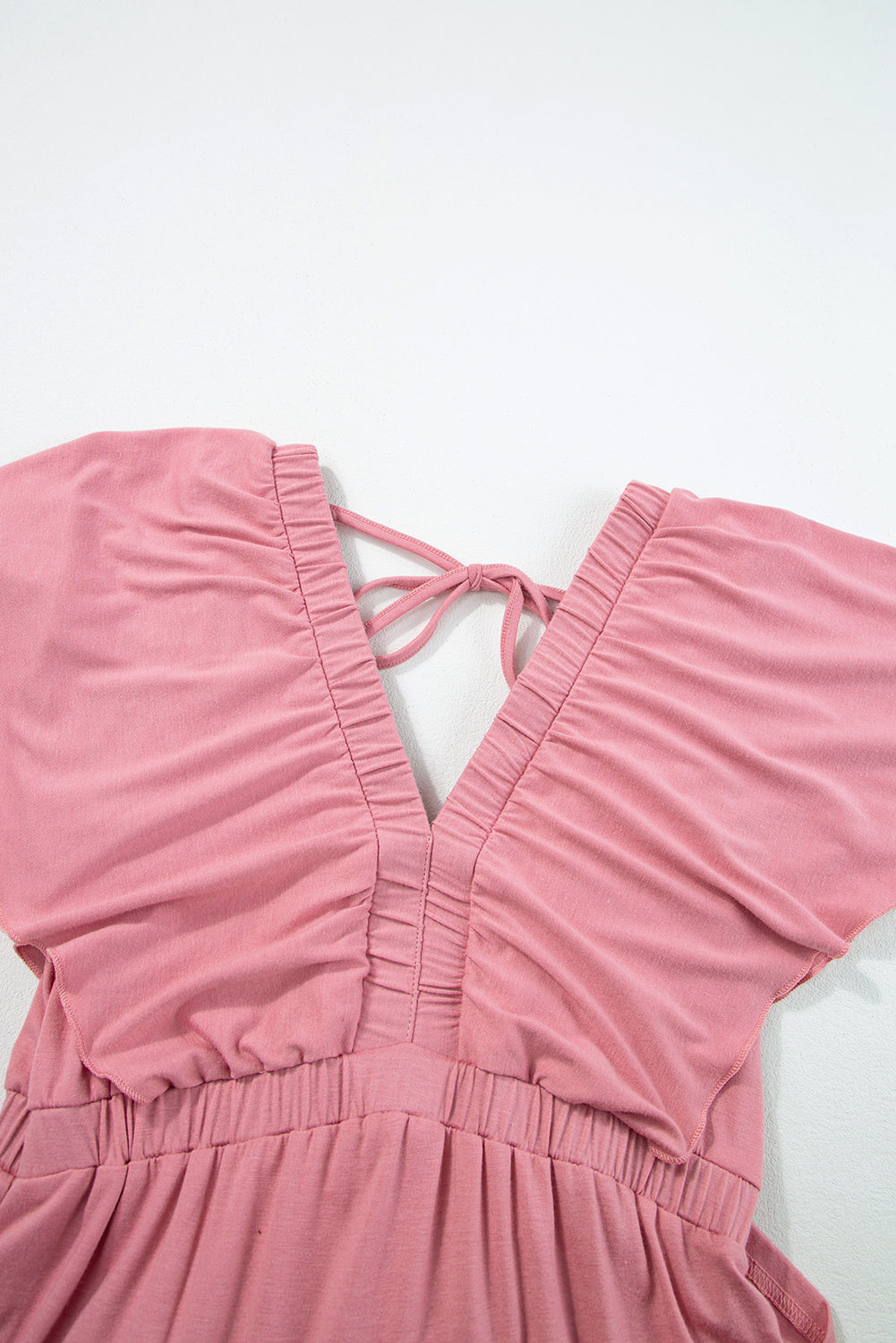 Rose Pink Textured V Neck Flutter Sleeve Ruffled Long Dress Maxi Dresses JT's Designer Fashion