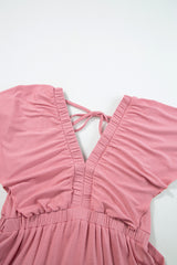 Rose Pink Textured V Neck Flutter Sleeve Ruffled Long Dress Maxi Dresses JT's Designer Fashion