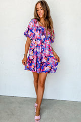 Purple Flower Print Short Puff Sleeve Ruffled Dress Floral Dresses JT's Designer Fashion