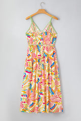 Orange Abstract Print Spaghetti Strap Piping Detail Long Dres Maxi Dresses JT's Designer Fashion