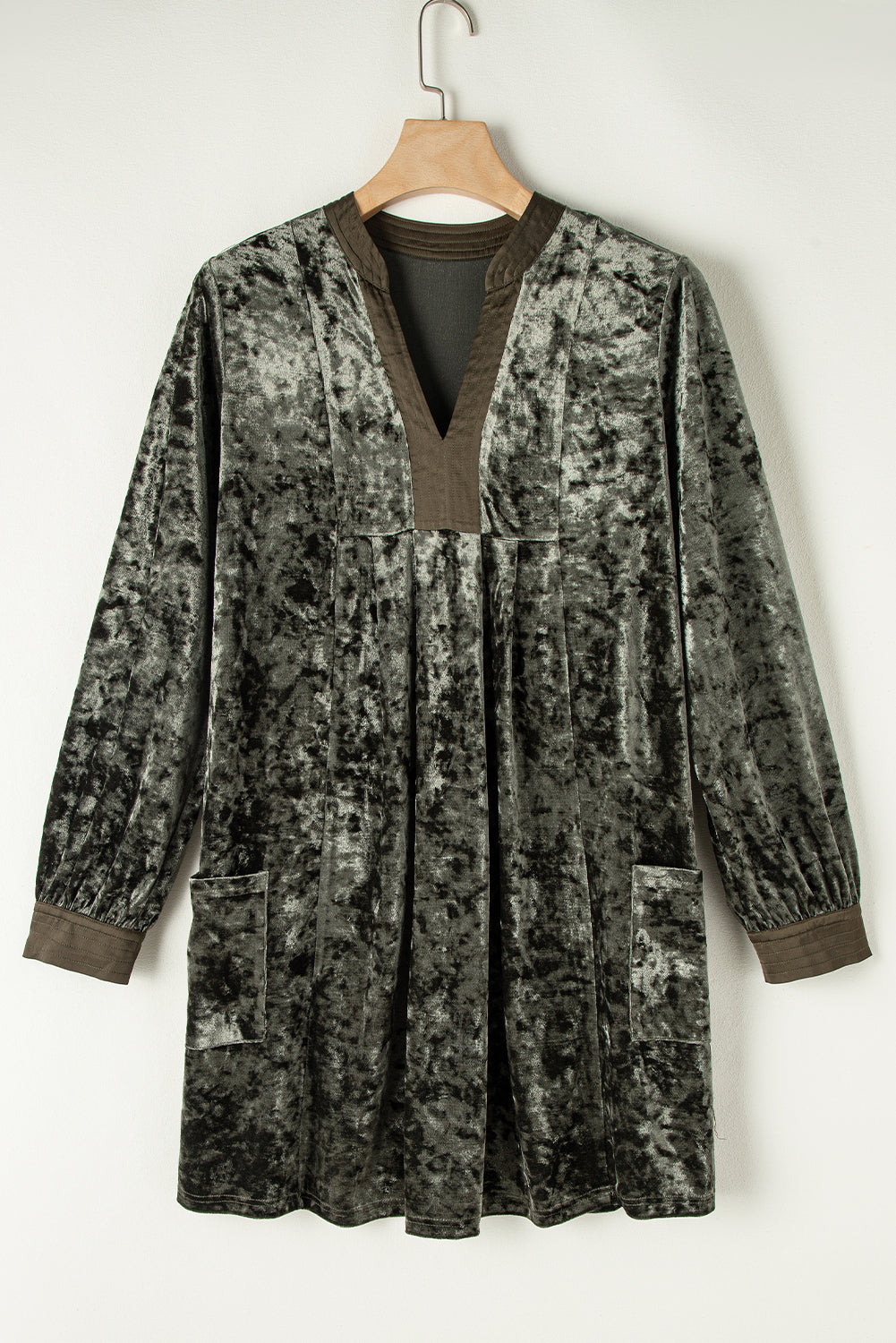 Jungle Green Velvet Long Sleeve V Neck Loose Dress with Pockets Mini Dresses JT's Designer Fashion