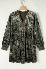 Jungle Green Velvet Long Sleeve V Neck Loose Dress with Pockets Mini Dresses JT's Designer Fashion