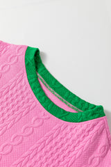 Pink Contrast Trim Cable Textured Shorts Set Short Sets JT's Designer Fashion