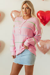 Pink Rainbow Stripes Drop Shoulder Baggy Henley Sweater Sweaters JT's Designer Fashion