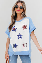 Sky Blue Patriotic Star Patched Colorblock T Shirt Graphic Tees JT's Designer Fashion