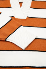 Brown Stripe Ribbed Polo Collar Drop Shoulder Sweater Sweaters JT's Designer Fashion