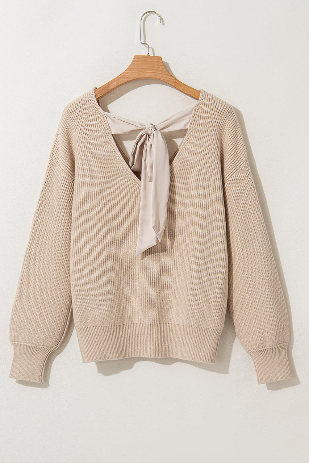 Apricot Lantern Sleeve V Neck Knot Back Sweater Sweaters JT's Designer Fashion