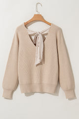 Apricot Lantern Sleeve V Neck Knot Back Sweater Sweaters JT's Designer Fashion