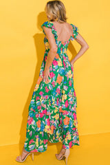 Green Floral Print Sleeveless Ruffle Tiered Maxi Dress Floral Dresses JT's Designer Fashion