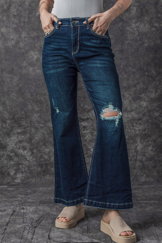 Real Teal High Rise Ripped Bell Bottom Jeans Real Teal 71%Cotton+27.5%Polyester+1.5%Elastane Jeans JT's Designer Fashion