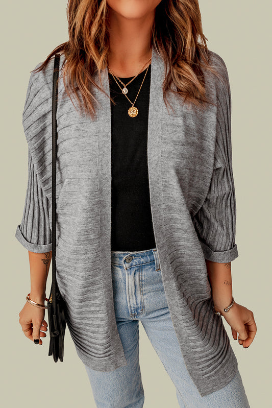 Gray Ribbed Open Front Knit Cardigan Sweaters & Cardigans JT's Designer Fashion