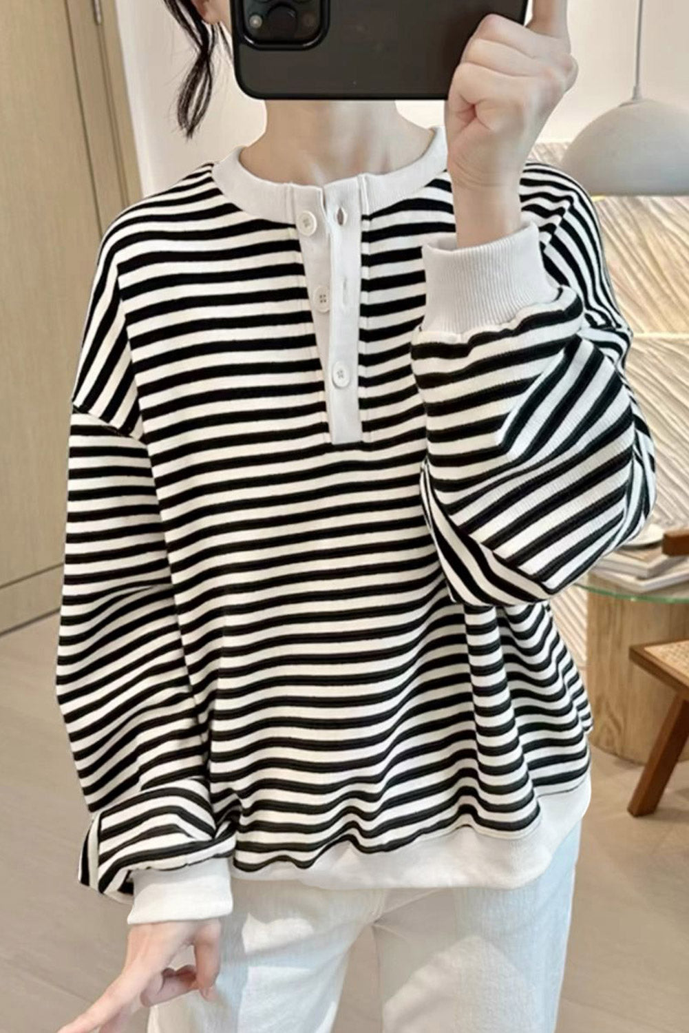 White Stripe Color Block Buttoned Crew Neck Oversized Sweatshirt Sweatshirts & Hoodies JT's Designer Fashion