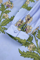 Sky Blue Floral Print Button Tie Neck Long Puff Sleeve Blouse Blouses & Shirts JT's Designer Fashion