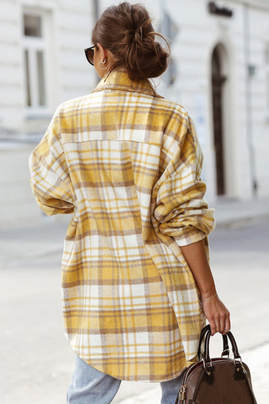Yellow Plaid Flap Pocket Long Sleeve Shacket Plaid Shackets JT's Designer Fashion