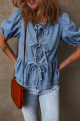 Dusk Blue Tied Front Bubble Sleeve Peplum Denim Shirt Blouses & Shirts JT's Designer Fashion