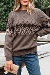 Light French Beige Western Geometric Patterned Crew Neck Knitted Sweater Sweaters JT's Designer Fashion