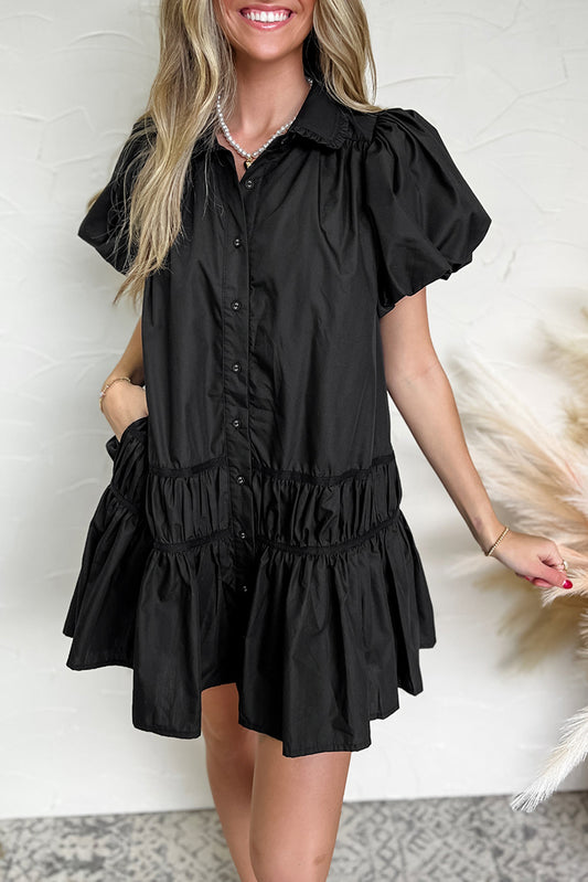 Black Shirt Style Button Down Puff Sleeve Ruffle Hem Dress Mini Dresses JT's Designer Fashion