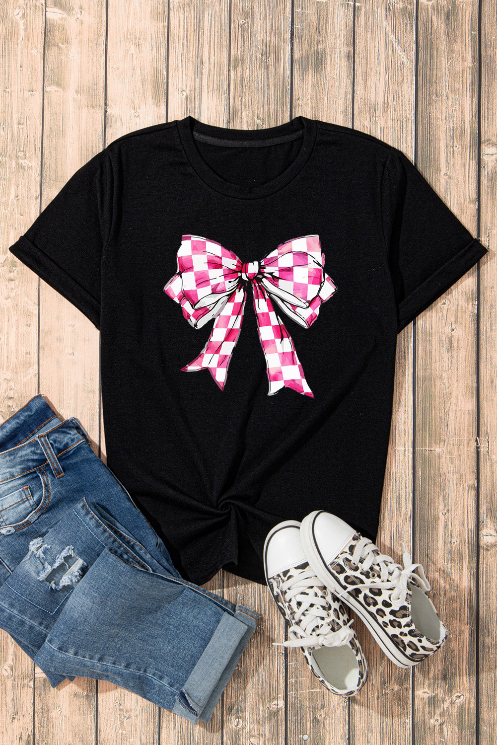 Black Checkerboard Bowknot Graphic Crewneck T Shirt Graphic Tees JT's Designer Fashion