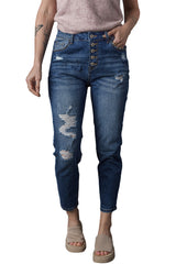 Blue Distressed Button Fly High Waist Skinny Jeans Jeans JT's Designer Fashion