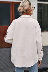 Beige Sequin Turkey Patched Graphic Flap Pocket Textured Shacket Jackets JT's Designer Fashion