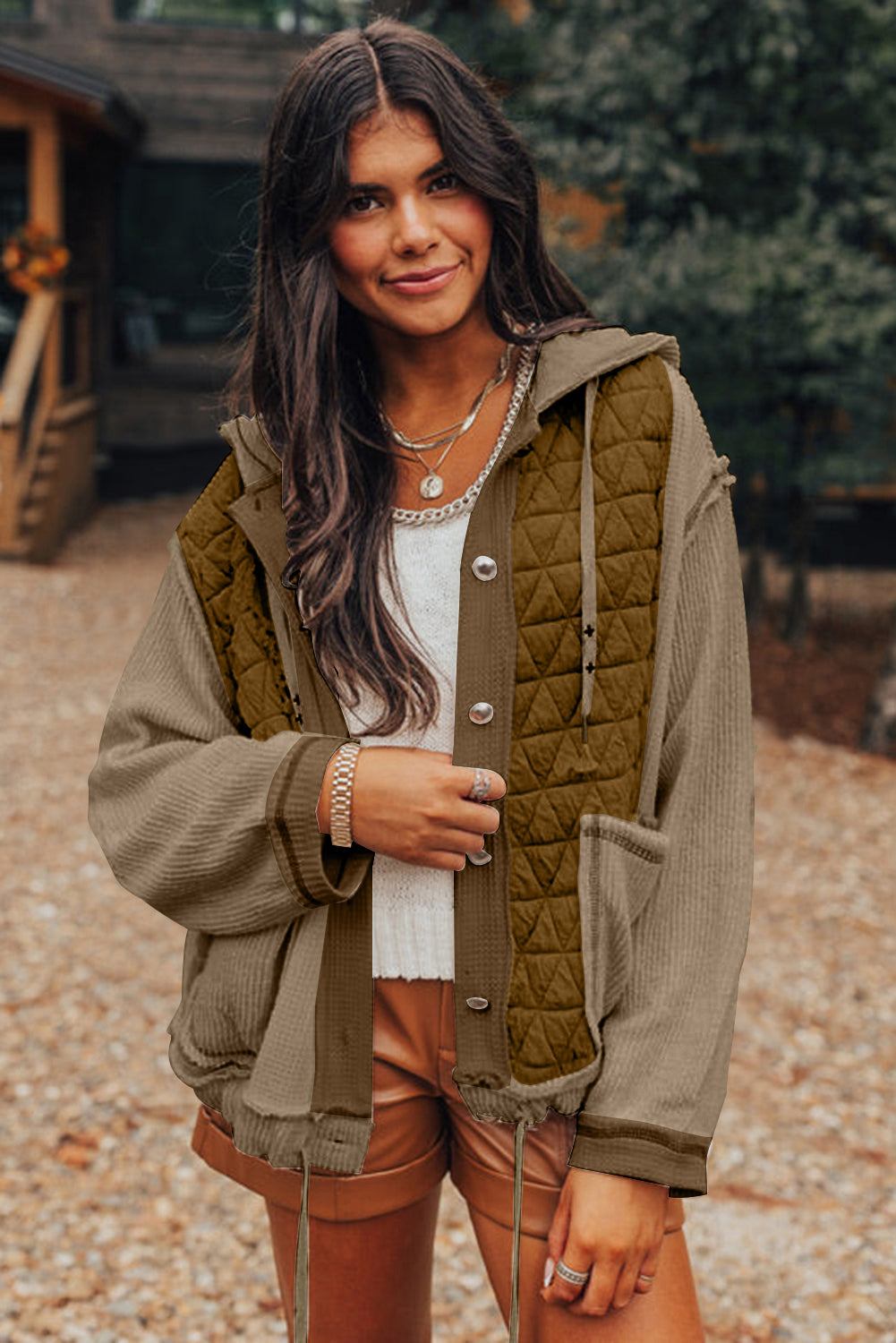 Jungle Green Quilted Textured Patchwork Loose Fit Hooded Jacket Jackets JT's Designer Fashion