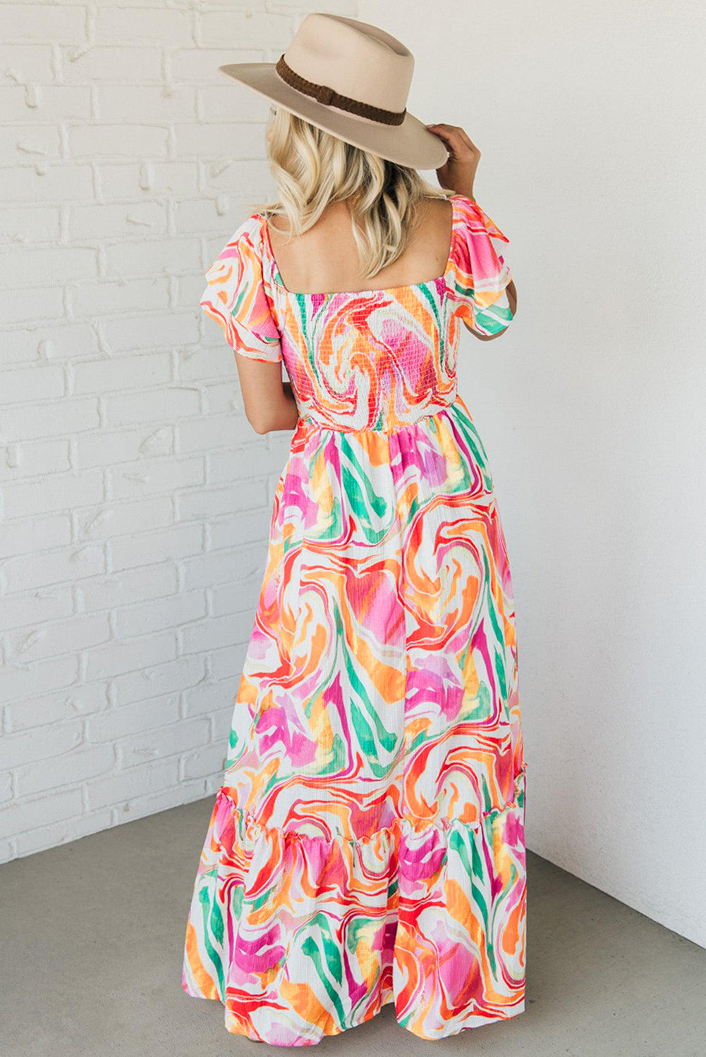 Pink Abstract Print Ruffled Sleeve Smocked Bust Long Dress Maxi Dresses JT's Designer Fashion